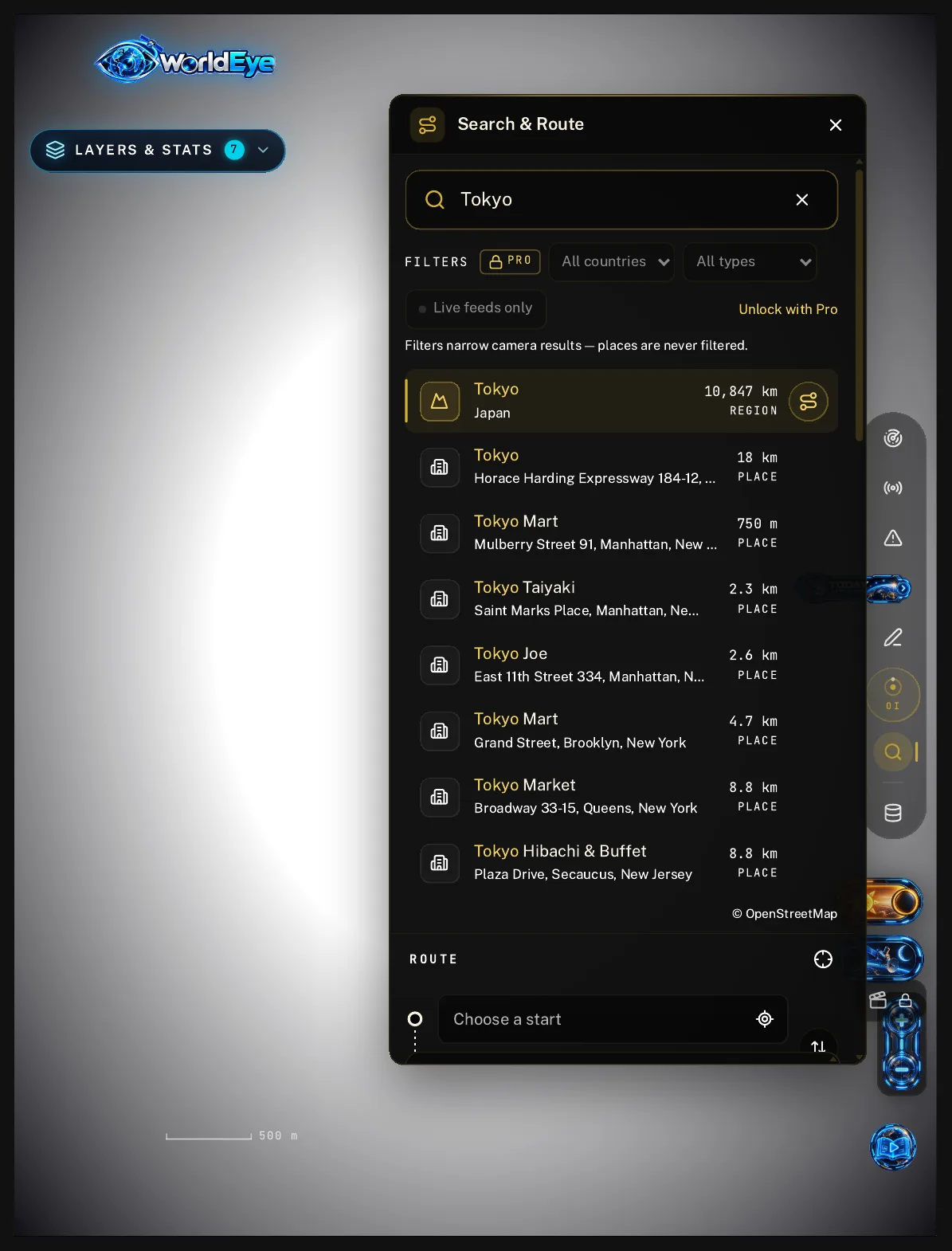 The Search & Route panel on the WorldEye globe showing results for Tokyo