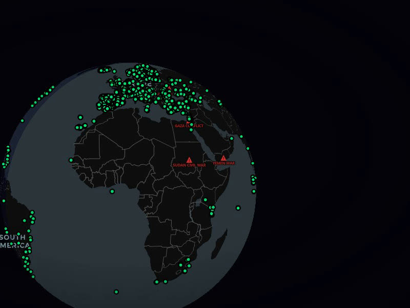 WorldEye globe over Europe, the Mediterranean and North Africa with the maritime layer on