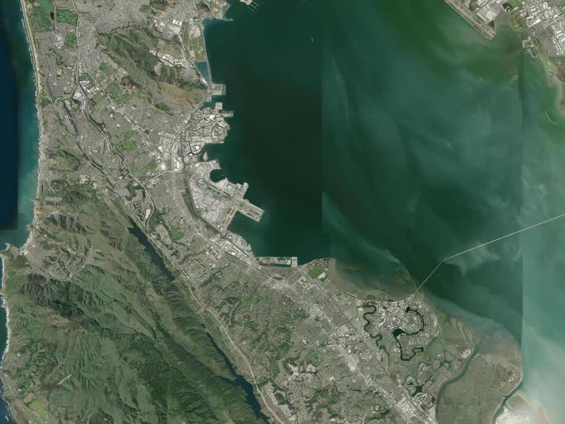 Satellite imagery of the San Francisco Bay Area from Esri World Imagery, the source WorldEye's satellite view uses