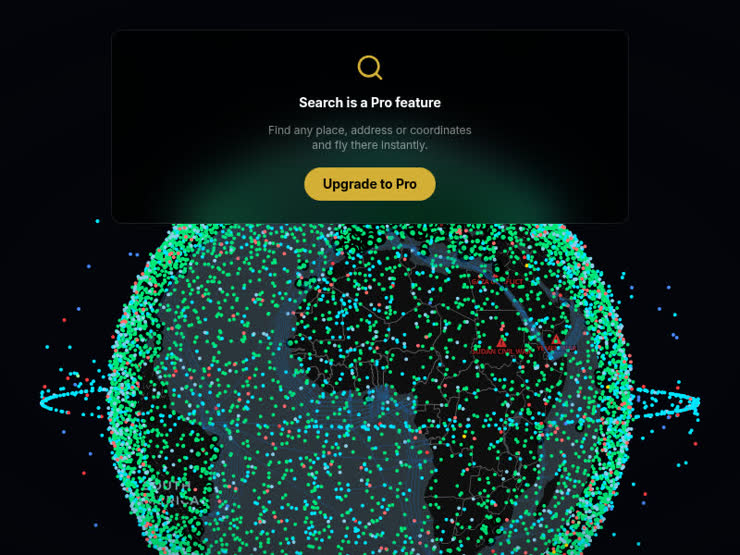WorldEye search open on the globe — basic search is free for every visitor