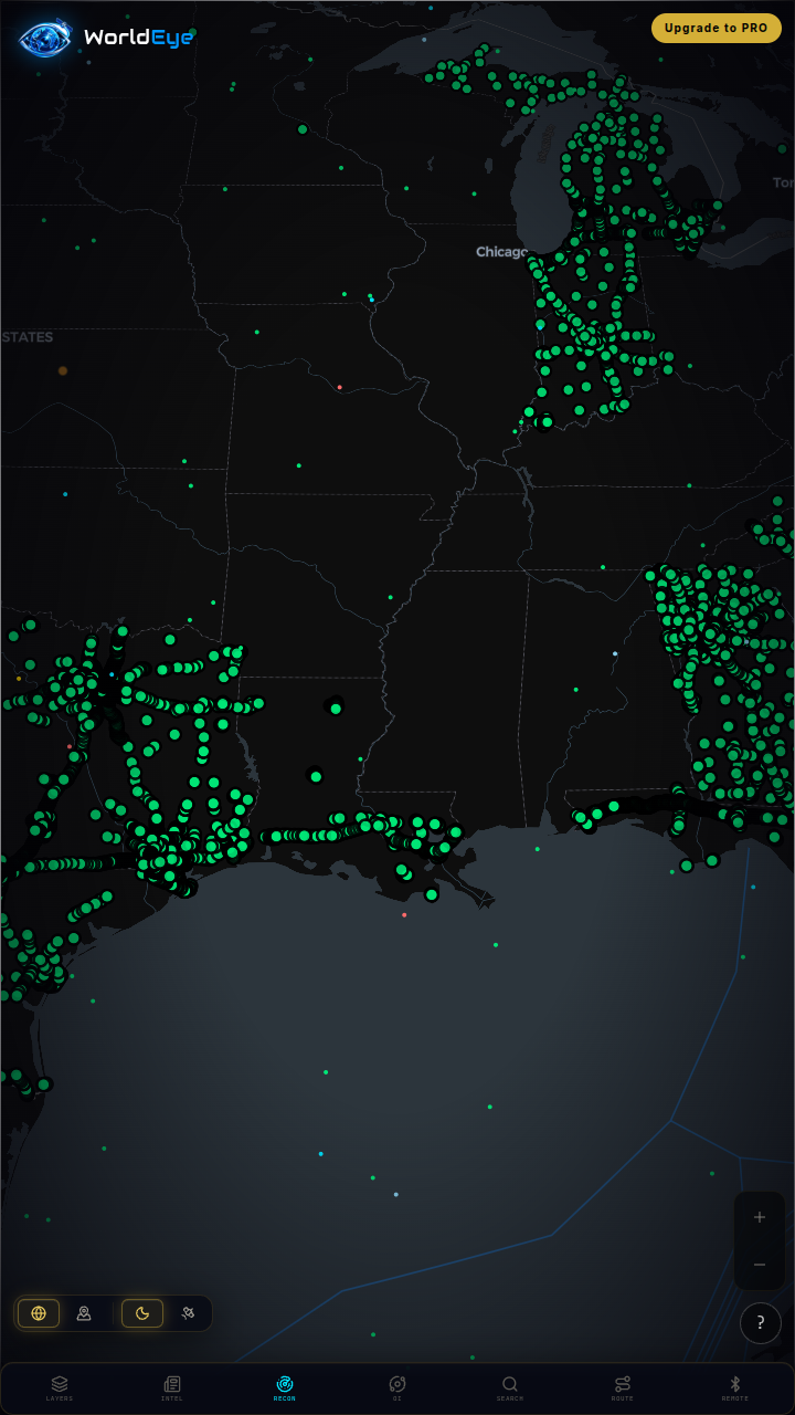 The actual WorldEye interface: the live public-camera network plotted over the United States